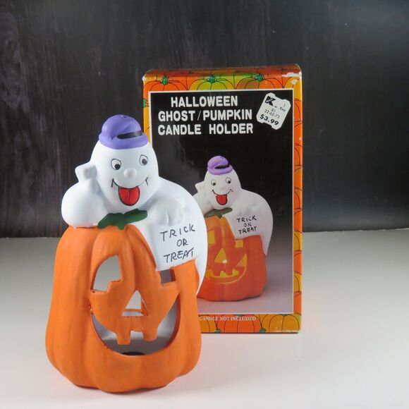 Ceramic Ghost Pumpkin Halloween Tea Light Candle Holder Statue 7” Kmart Vintage - Picture 16 of 16